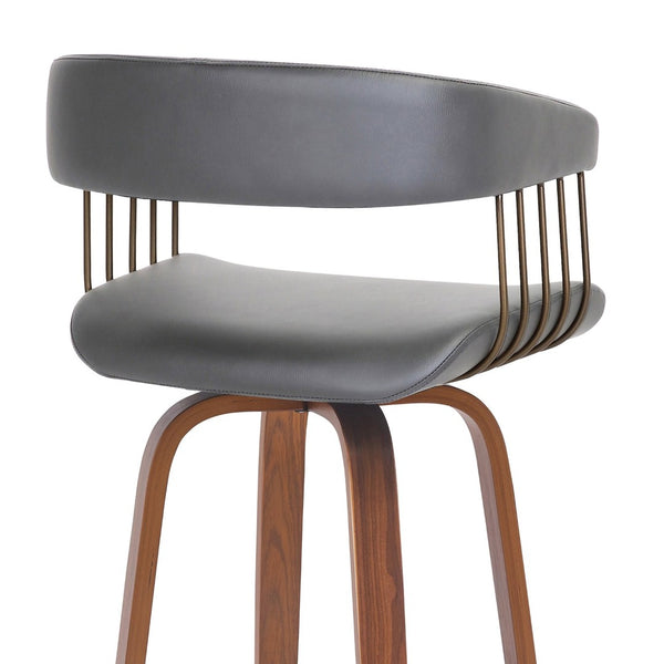 English Elm Gatopa Swivel Bar Stool Walnut Frame Gray Faux Leather Seat Bronze Footrest Ring B2736P511337