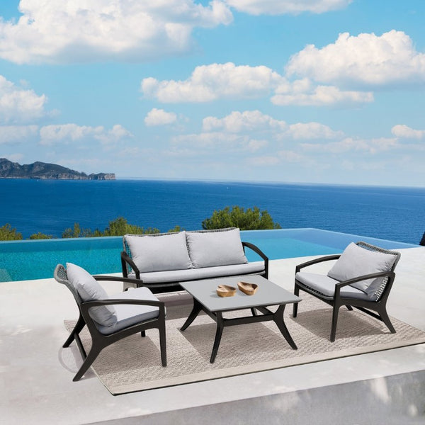 English Elm Liora 4 Piece Eucalyptus Wood Rope Weave Outdoor Patio Set with White Cushions B2736S00011