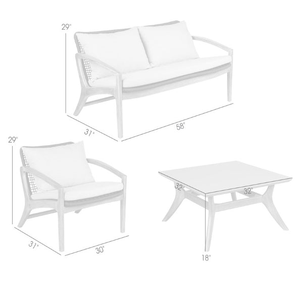 English Elm Liora 4 Piece Eucalyptus Wood Rope Weave Outdoor Patio Set with White Cushions B2736S00011