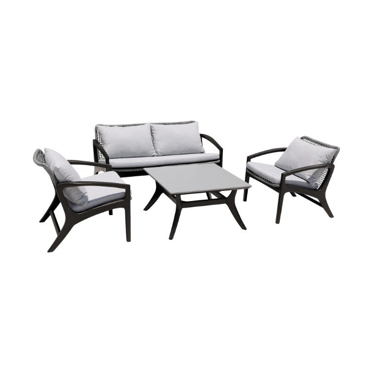 English Elm Liora 4 Piece Eucalyptus Wood Rope Weave Outdoor Patio Set with White Cushions B2736S00011