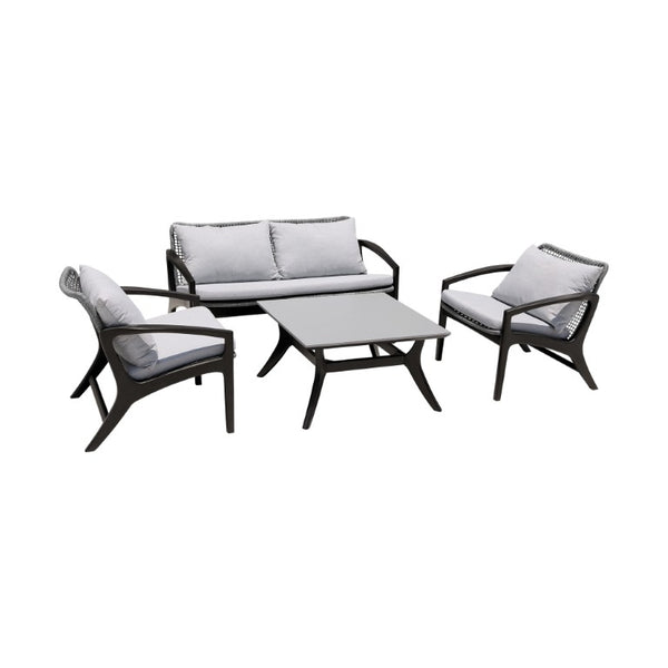 English Elm Liora 4 Piece Eucalyptus Wood Rope Weave Outdoor Patio Set with White Cushions B2736S00011