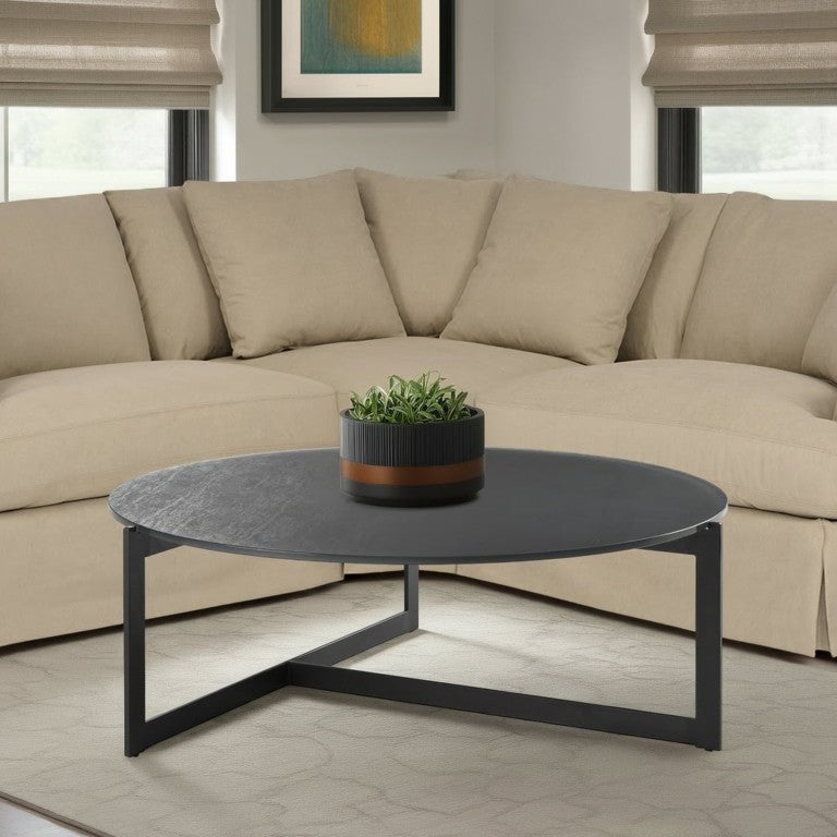 English Elm Krike Industrial Round Coffee Table with Tempered Glass Top and Steel Cross-Leg Base Gray B2736S00025