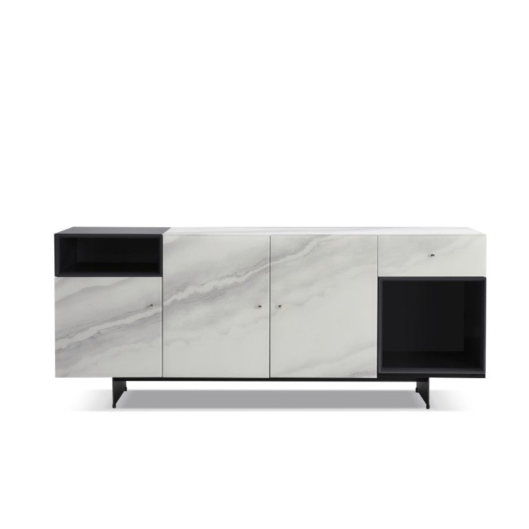 English Elm Olivia Marble Glass Sideboard with Matte Black Metal Frame and Open Display Shelving B2736S00027