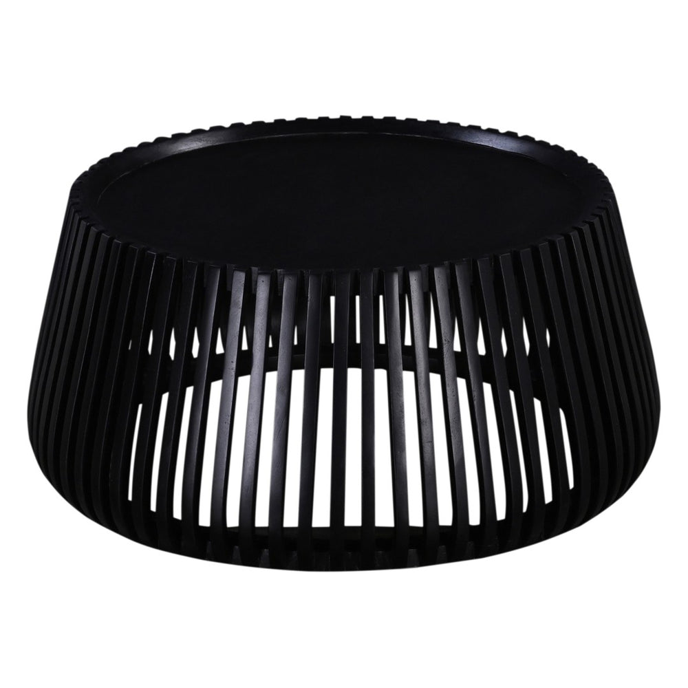 English Elm Modern Mango Wood Round Coffee Table Matte Black Drum Base for Living Room Decor B2741P330123