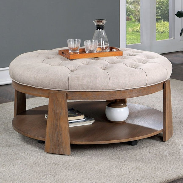 English Elm Transitional Round Coffee Table Wire Brushed Wood Frame Tufted Linen Seat Open Shelf B2741P360141