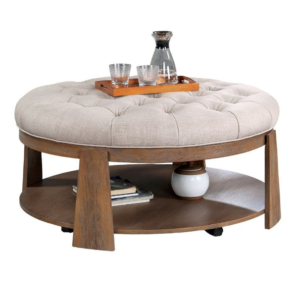 English Elm Transitional Round Coffee Table Wire Brushed Wood Frame Tufted Linen Seat Open Shelf B2741P360141