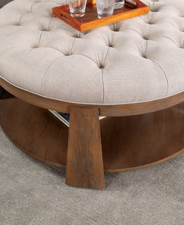 English Elm Transitional Round Coffee Table Wire Brushed Wood Frame Tufted Linen Seat Open Shelf B2741P360141
