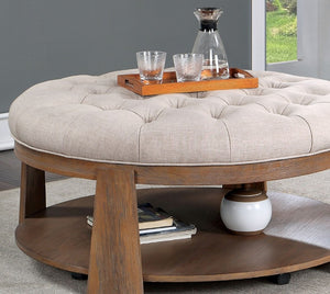 English Elm Transitional Round Coffee Table Wire Brushed Wood Frame Tufted Linen Seat Open Shelf B2741P360141