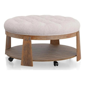 English Elm Transitional Round Coffee Table Wire Brushed Wood Frame Tufted Linen Seat Open Shelf B2741P360141
