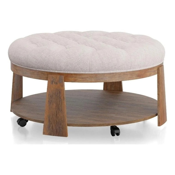English Elm Transitional Round Coffee Table Wire Brushed Wood Frame Tufted Linen Seat Open Shelf B2741P360141