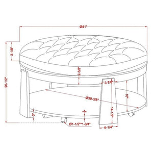 English Elm Transitional Round Coffee Table Wire Brushed Wood Frame Tufted Linen Seat Open Shelf B2741P360141