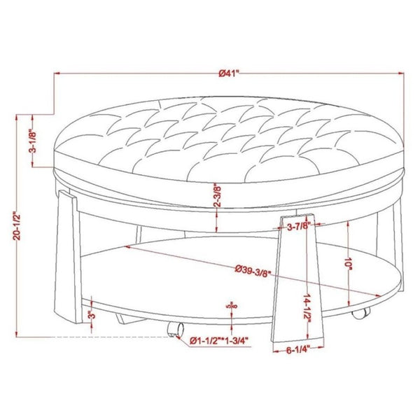 English Elm Transitional Round Coffee Table Wire Brushed Wood Frame Tufted Linen Seat Open Shelf B2741P360141