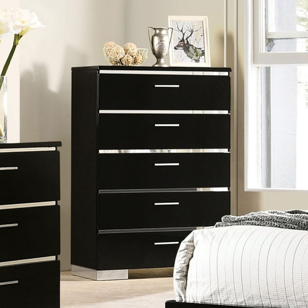 English Elm Black High Gloss Lacquer 5 Drawer Chest with Chrome Hardware for Modern Bedroom B2741P371023