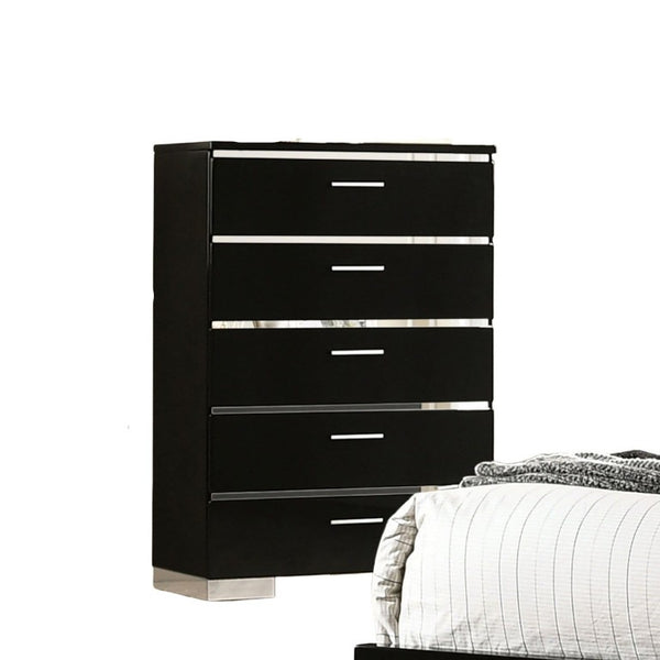 English Elm Black High Gloss Lacquer 5 Drawer Chest with Chrome Hardware for Modern Bedroom B2741P371023