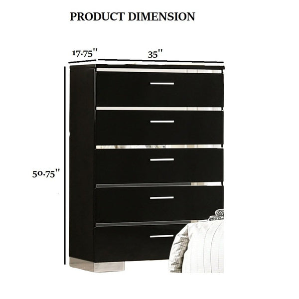 English Elm Black High Gloss Lacquer 5 Drawer Chest with Chrome Hardware for Modern Bedroom B2741P371023