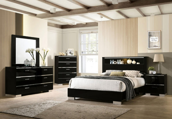 English Elm Black High Gloss Lacquer 5 Drawer Chest with Chrome Hardware for Modern Bedroom B2741P371023