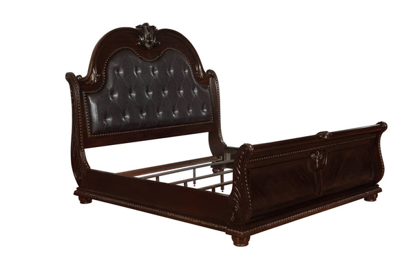 English Elm Stan..king Panel Headboard Faux Leather Tufted King Frame with Carved Wood Molding B2741P501909