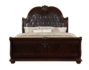 English Elm Stan..king Panel Headboard Faux Leather Tufted King Frame with Carved Wood Molding B2741P501909