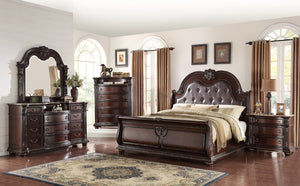 English Elm Stan..king Panel Headboard Faux Leather Tufted King Frame with Carved Wood Molding B2741P501909