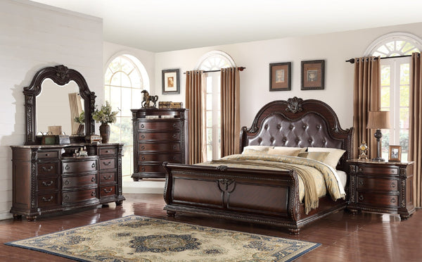 English Elm Stan..king Panel Headboard Faux Leather Tufted King Frame with Carved Wood Molding B2741P501909