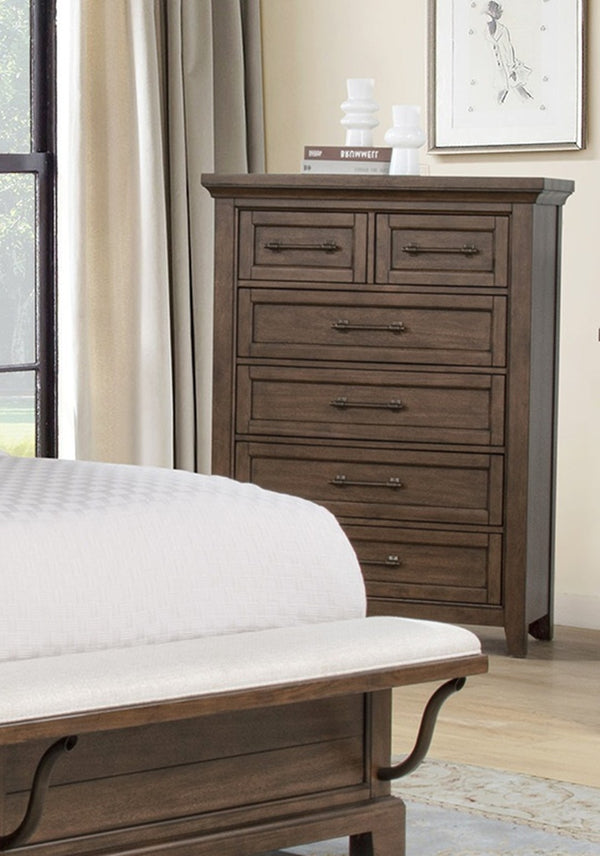English Elm 1pc Contemporary Six Drawer Tall Chest Warm Brown Finish Bedroom Storage with Metal Pulls B2741P504987