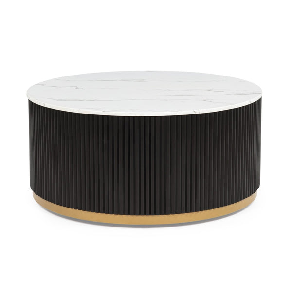 English Elm Modern Round Marble Top Coffee Table with Reeded Base and Gold Accent Casters B2741P509811