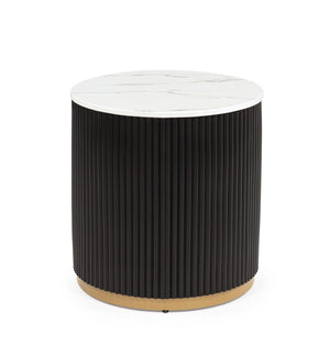 English Elm Modern Round End Table with Marble Top Reeded Black Base and Gold Accent for Living Room B2741P522843