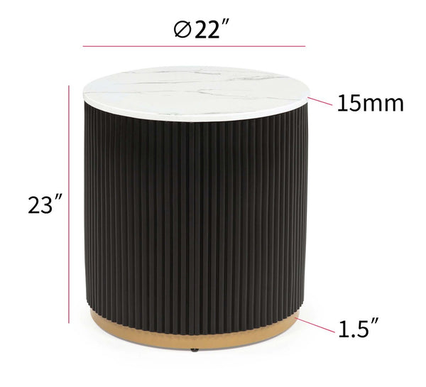 English Elm Modern Round End Table with Marble Top Reeded Black Base and Gold Accent for Living Room B2741P522843