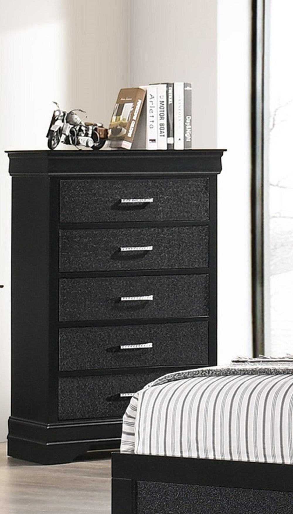English Elm Modern Hollywood Regency Tall Chest Five Drawers Black Lacquer Crystal Bar Pulls B2741P526981