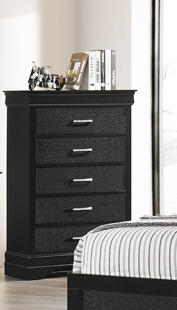 English Elm Modern Hollywood Regency Tall Chest Five Drawers Black Lacquer Crystal Bar Pulls B2741P526981