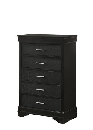 English Elm Modern Hollywood Regency Tall Chest Five Drawers Black Lacquer Crystal Bar Pulls B2741P526981