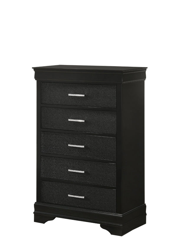 English Elm Modern Hollywood Regency Tall Chest Five Drawers Black Lacquer Crystal Bar Pulls B2741P526981