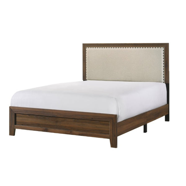 English Elm Beautiful Full Panel Bed Tufted Upholstered Headboard Nailhead Trim Cherry Wood Frame Brown B2741P536575