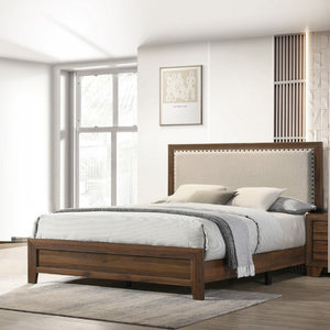English Elm Beautiful Full Panel Bed Tufted Upholstered Headboard Nailhead Trim Cherry Wood Frame Brown B2741P536575