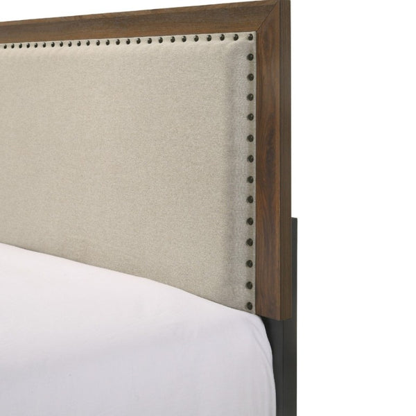 English Elm Beautiful Full Panel Bed Tufted Upholstered Headboard Nailhead Trim Cherry Wood Frame Brown B2741P536575