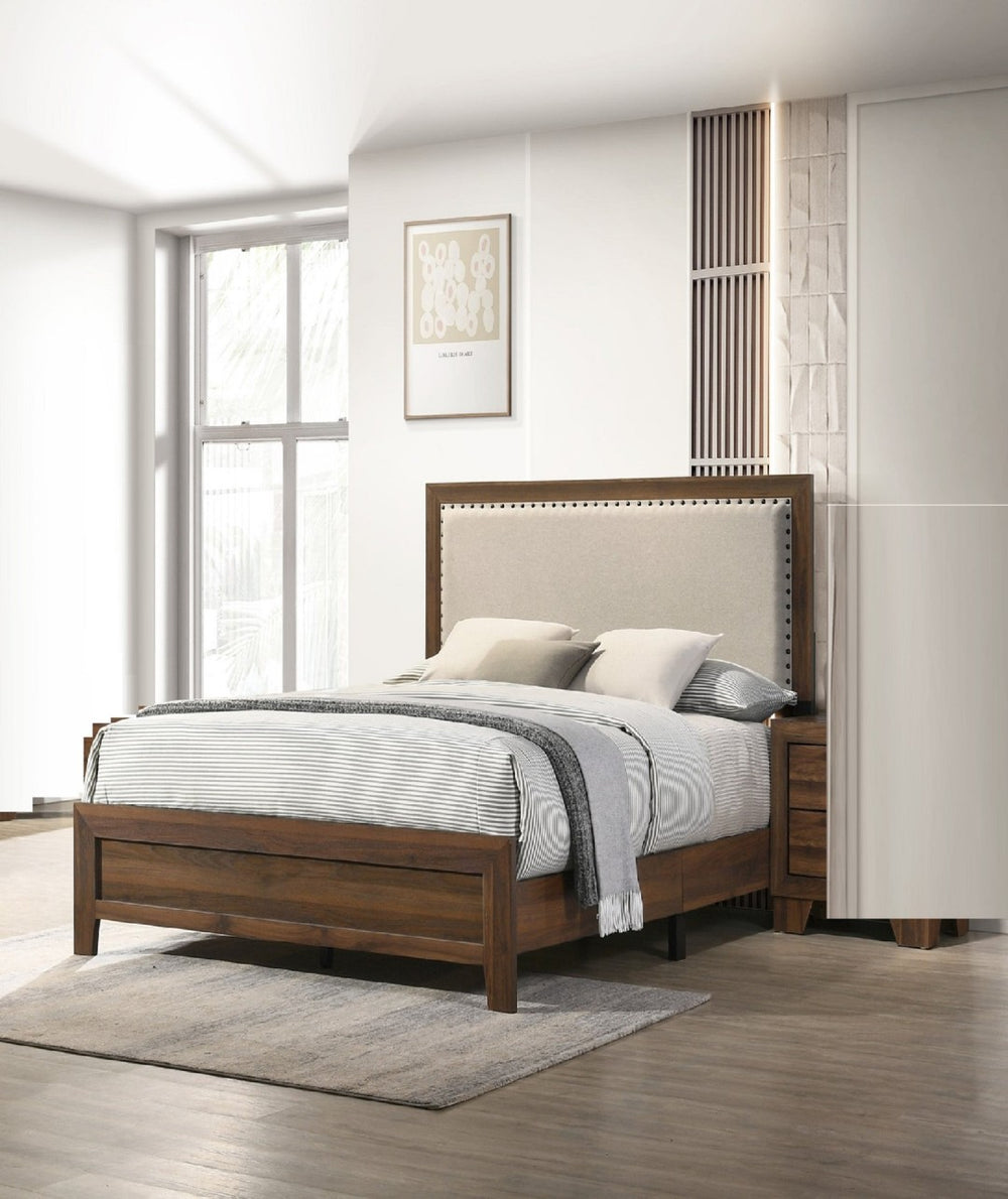 English Elm Beautiful Full Panel Bed Cherry Wood Frame Tufted Upholstered Headboard Nailhead Trim Brown B2741P536576