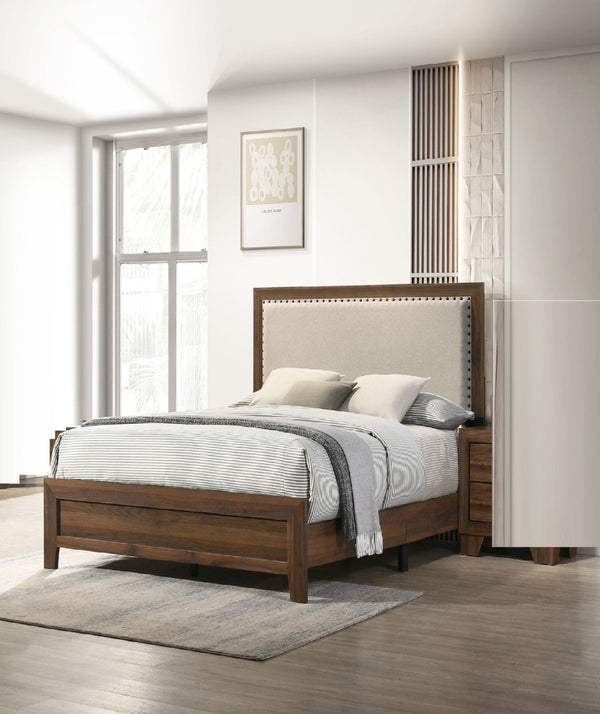 English Elm Beautiful Full Panel Bed Cherry Wood Frame Tufted Upholstered Headboard Nailhead Trim Brown B2741P536576