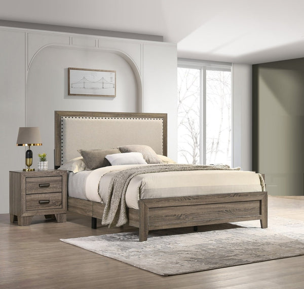 English Elm Beautiful Queen Panel Bed Tufted Fabric Headboard Nailhead Trim Warm Cherry Finish Grey B2741P536577