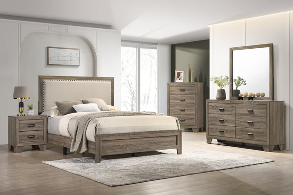 English Elm Beautiful Queen Panel Bed Tufted Fabric Headboard Nailhead Trim Warm Cherry Finish Grey B2741P536577
