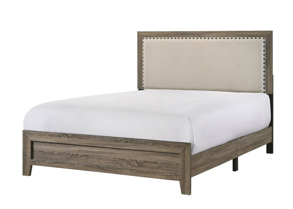 English Elm Beautiful King Panel Bed Tufted Fabric Headboard Nailhead Trim Cherry Wood Finish Grey B2741P536578