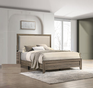 English Elm Beautiful King Panel Bed Tufted Fabric Headboard Nailhead Trim Cherry Wood Finish Grey B2741P536578