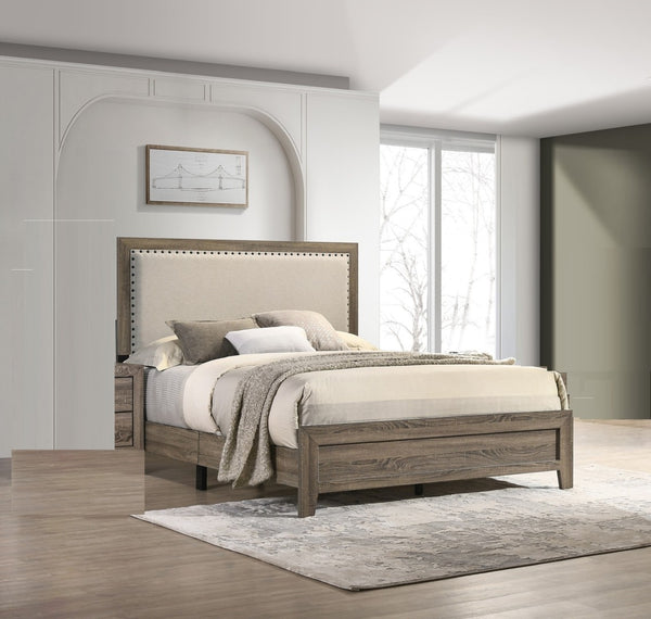 English Elm Beautiful King Panel Bed Tufted Fabric Headboard Nailhead Trim Cherry Wood Finish Grey B2741P536578