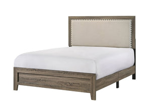 English Elm Beautiful Full Panel Bed Tufted Upholstered Headboard Nailhead Trim Cherry Wood Frame Grey B2741P536581