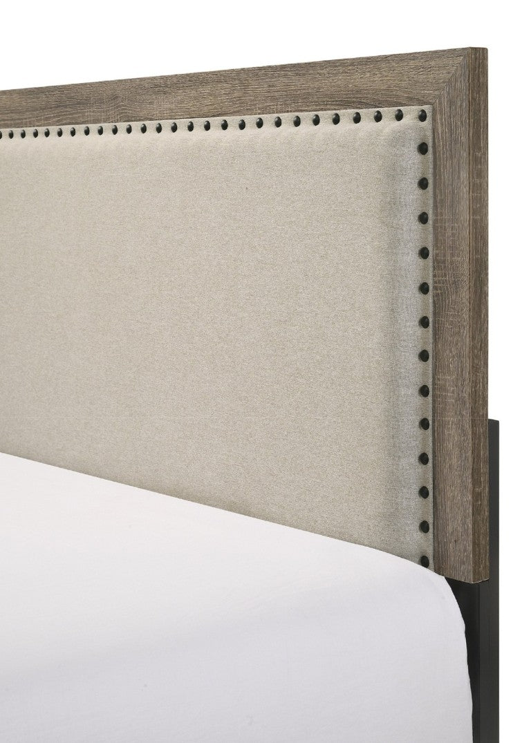English Elm Beautiful Full Panel Bed Tufted Upholstered Headboard Nailhead Trim Cherry Wood Frame Grey B2741P536581