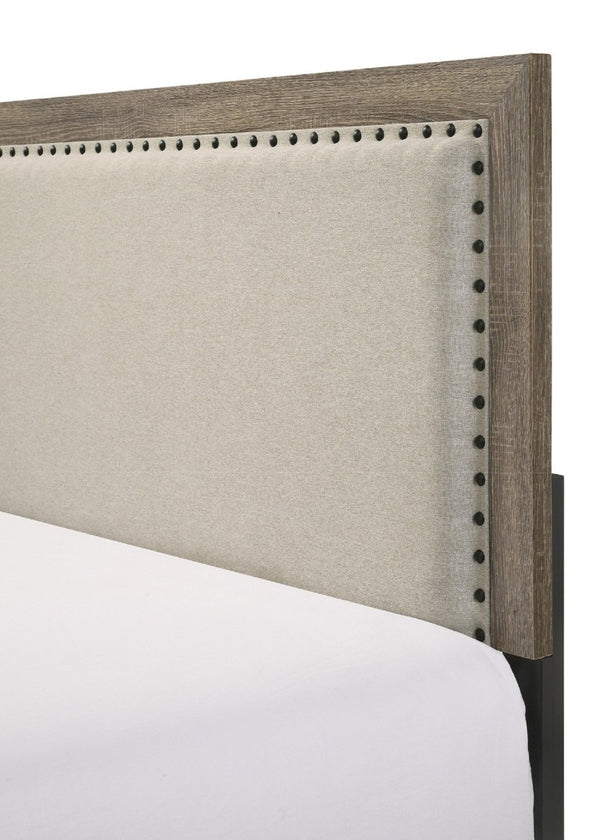 English Elm Beautiful Full Panel Bed Tufted Upholstered Headboard Nailhead Trim Cherry Wood Frame Grey B2741P536581