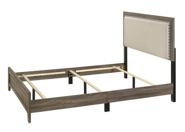 English Elm Beautiful Full Panel Bed Tufted Upholstered Headboard Nailhead Trim Cherry Wood Frame Grey B2741P536581