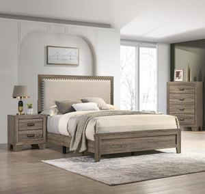 English Elm Beautiful Full Panel Bed Tufted Upholstered Headboard Nailhead Trim Cherry Wood Frame Grey B2741P536581