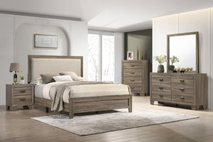 English Elm Beautiful Full Panel Bed Tufted Upholstered Headboard Nailhead Trim Cherry Wood Frame Grey B2741P536581