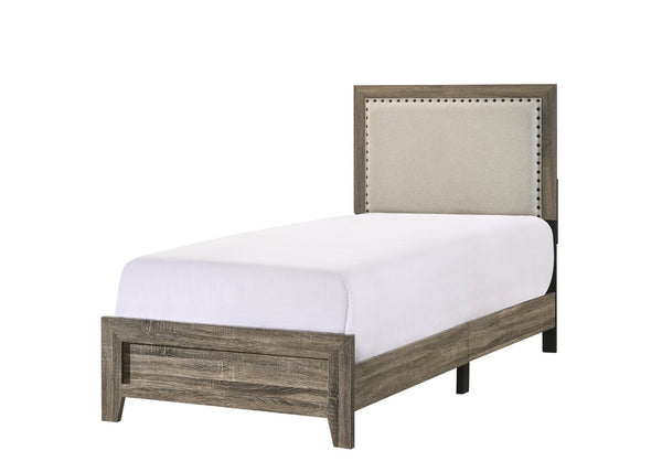 English Elm Beautiful Full Panel Bed Cherry Wood Frame Tufted Upholstered Headboard Nailhead Trim Grey B2741P536582