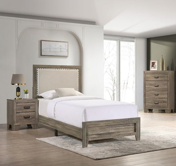 English Elm Beautiful Full Panel Bed Cherry Wood Frame Tufted Upholstered Headboard Nailhead Trim Grey B2741P536582